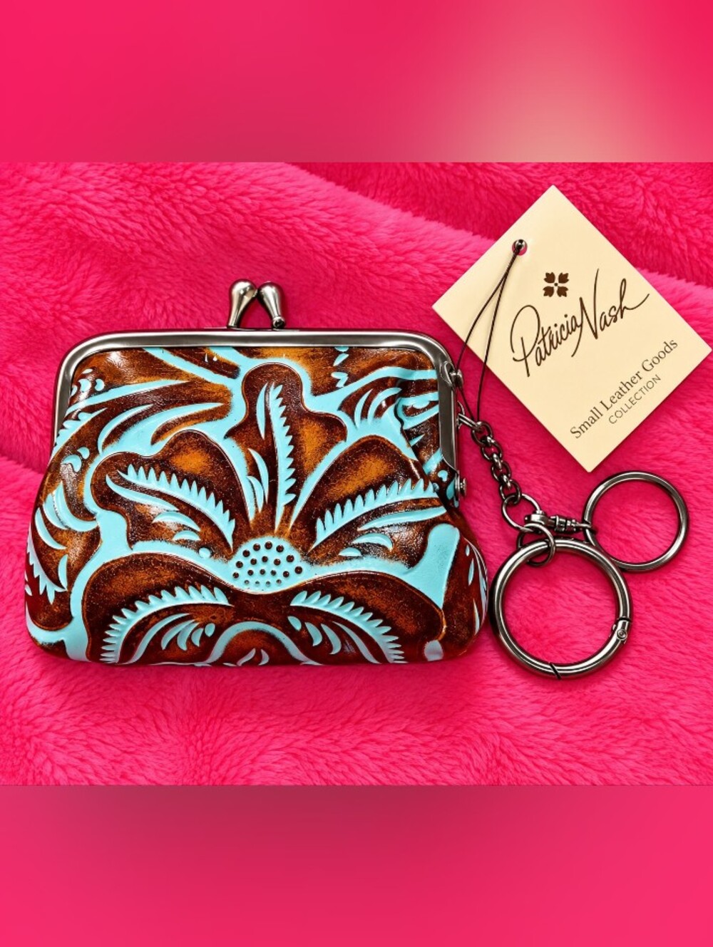 Patricia Nash Turquoise & Brown Embossed Leather Coin Purse Keyring